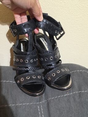 Karl Lagerfeld Black Braided Grommet Ankle-Strap Block Heels